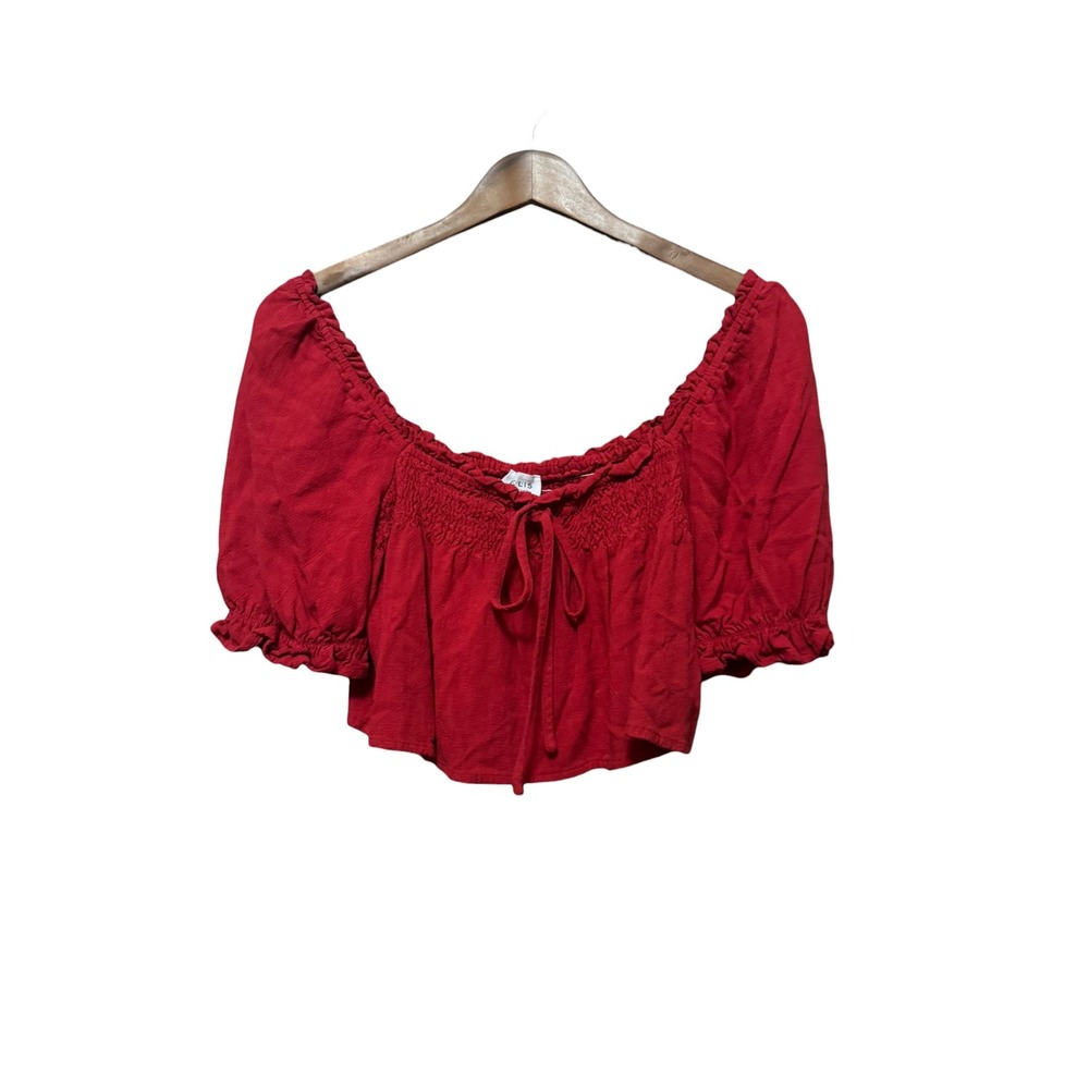Le Lis Crop Top Women S Red Excellent Smocked Puff Sleeve Linen Blend ST6360